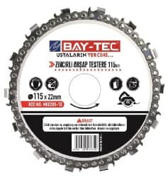 Zincirli Ahşap Testere 115 x 22-23mm - Küçük Taşlama Makinesi Kesim Diski - Motorlu testere zincirine benzer yapıda disk şeklinde ahşap testere, 115 mm dış çap × 22-23 mm mil bağlantı. Klasik düz dişli testere disklerinden farklı olarak zincir benzeri dişler ahşapta agresif ve hızlı kesim sağlar. Küçük taşlama makinesi ile uyumlu.