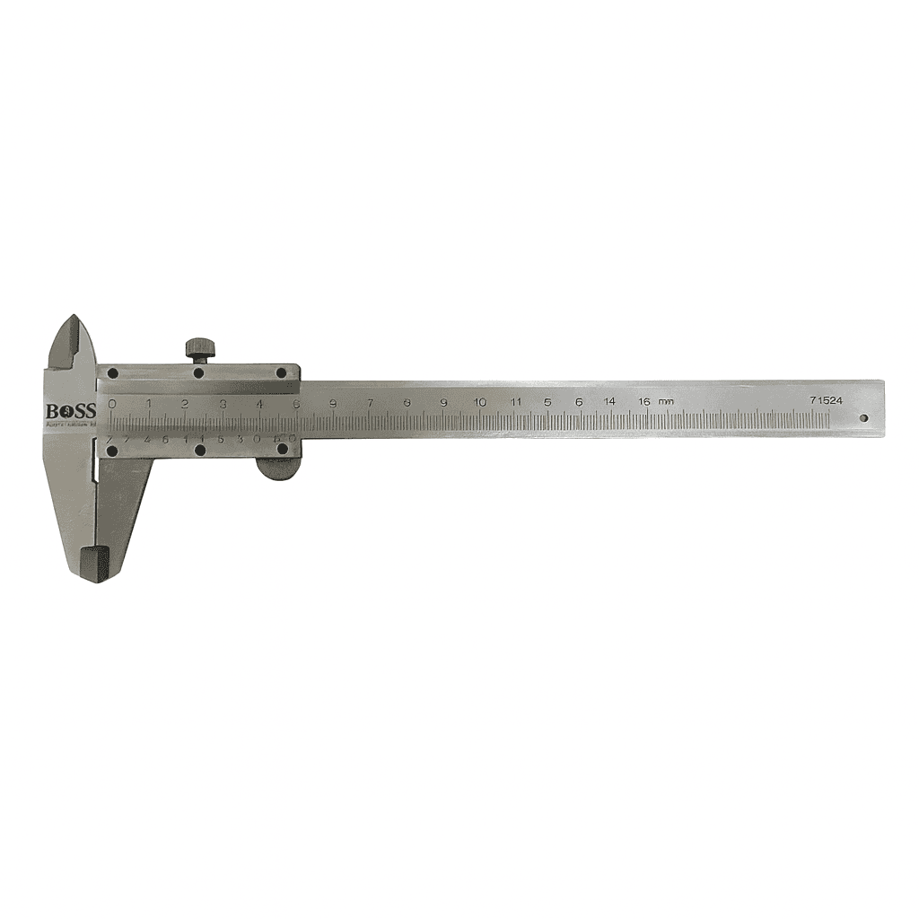 BOSS 150 mm Mekanik Kumpas - Verniyer Ölçüm Aleti (0,02 mm Hassasiyet) - BOSS marka 150 mm mekanik kumpas, verniyer skalası ile 0,02 mm hassasiyetinde ölçüm yapar. İç çap, dış çap, derinlik ve basamak ölçümü tek alette yapılır; profesyonel atölye, sanayi makina servisi ve hassas montaj için temel ölçüm aletidir.